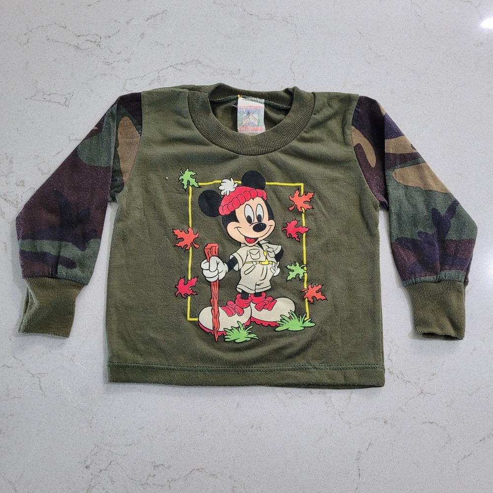 Vtg 90s Mickey Mouse For Kids Camo long sleeve shirt top Boys Disney